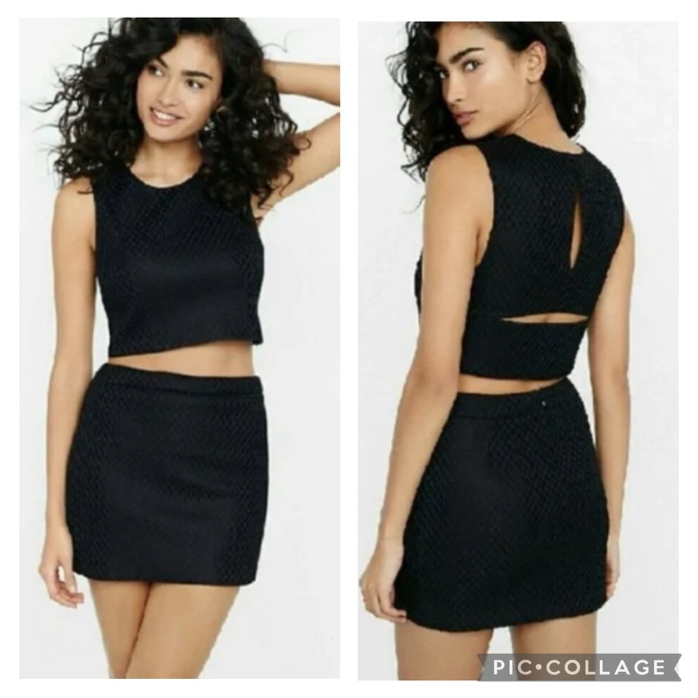 Express Black Honeycomb Cut Out Crop Top Mini Skirt 2 Piece Set